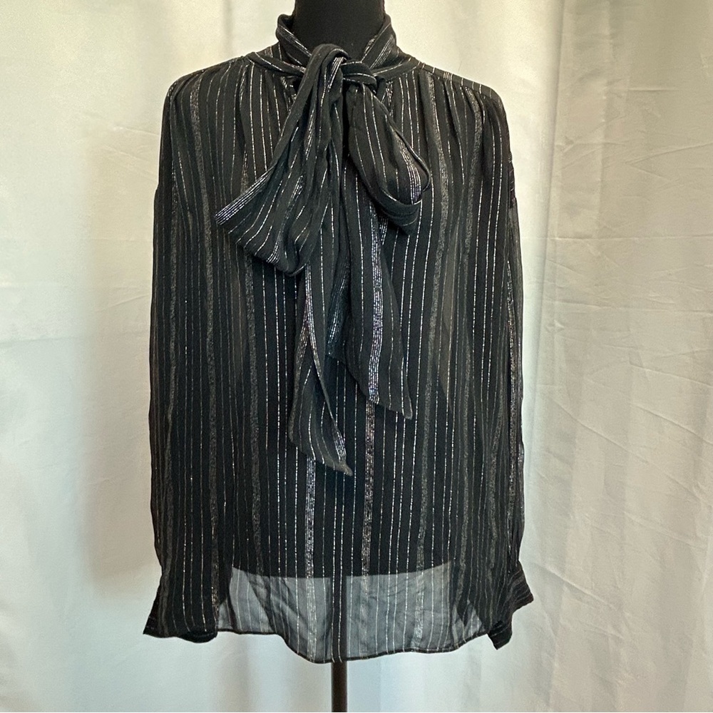 Zara ZW Collection black silver metallic thread chiffon blouse neck tie Sz M NWT